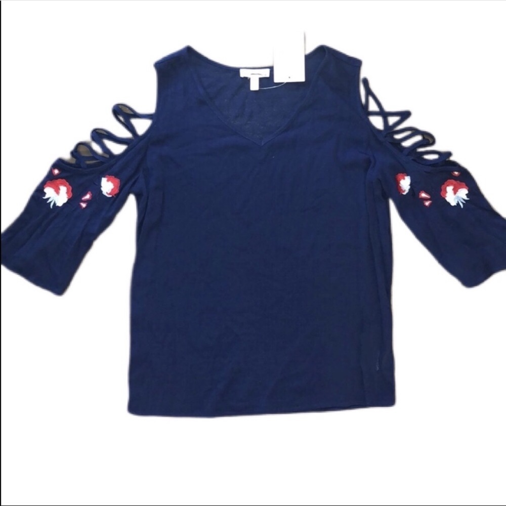 Como Blu Blouse Top Lattice Cold Shoulder Boho 1X blue red v-neck Embroidered